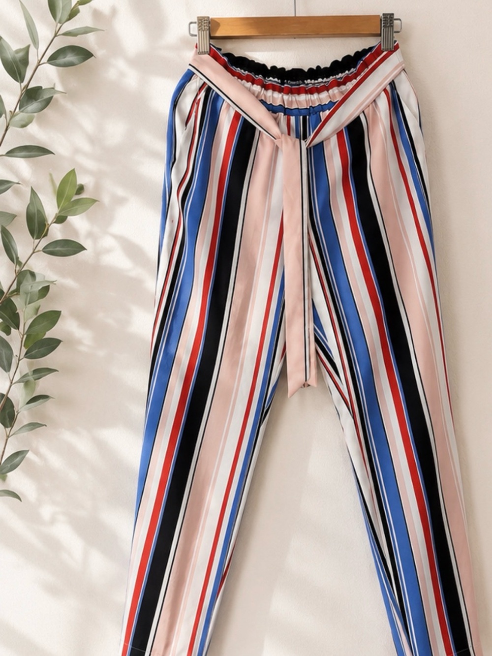 Express Striped Tie-Waist Trousers - Pink Blue Red Black White